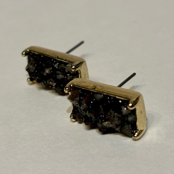 Natural Black Druzy Quartz Crystal Gold Plated Bar Stud Earrings 0.6" - Picture 4 of 9